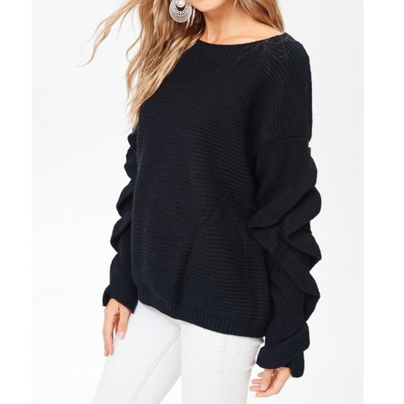 Black Ruffle Sleeve Ribbed Sweater Pullover - Picture 4 of 7